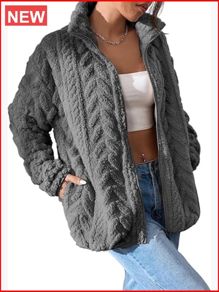 Oversized Fleece Jacket With Stand Collar Zip Front Pockets